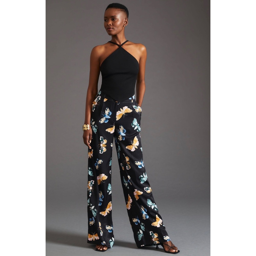 Anthropologie Sarah Gordon Butterfly Moth Print Wide Leg Pants Black 4 S